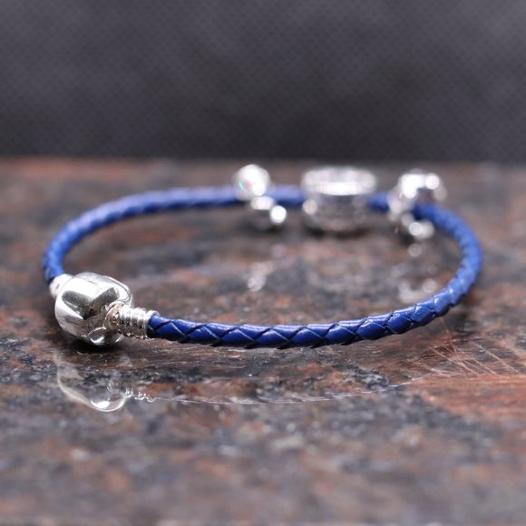 Dark Blue Leather Bracelet with Sterling Silver Barrel Clasp - BRAND NEW - Picture 3 of 5